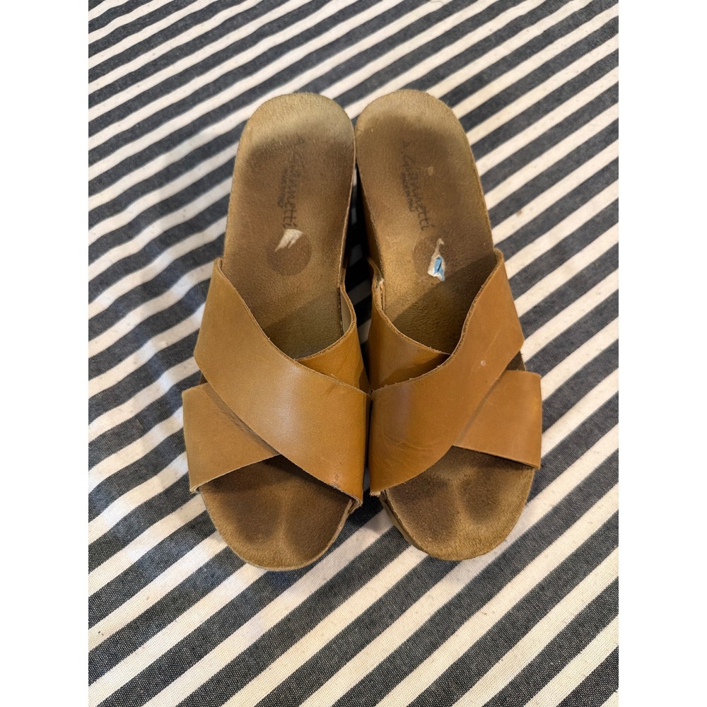 A.‎ Giannetti Womens Tan Leather Criss Cross Wedge Slide Sandals Made in Italy